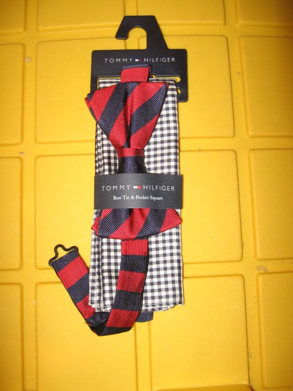 Tommy Hilfiger Red & Blue Striped Bow Tie & Blue Checkered Pocket Square Set New